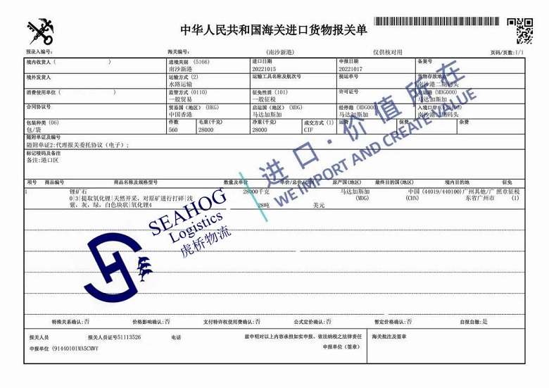 Guangzhou customs declaration sheet for Lithium Ore
