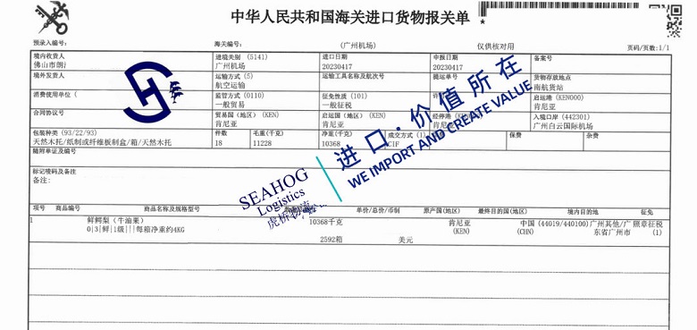 China customs declaration sheet for avocado