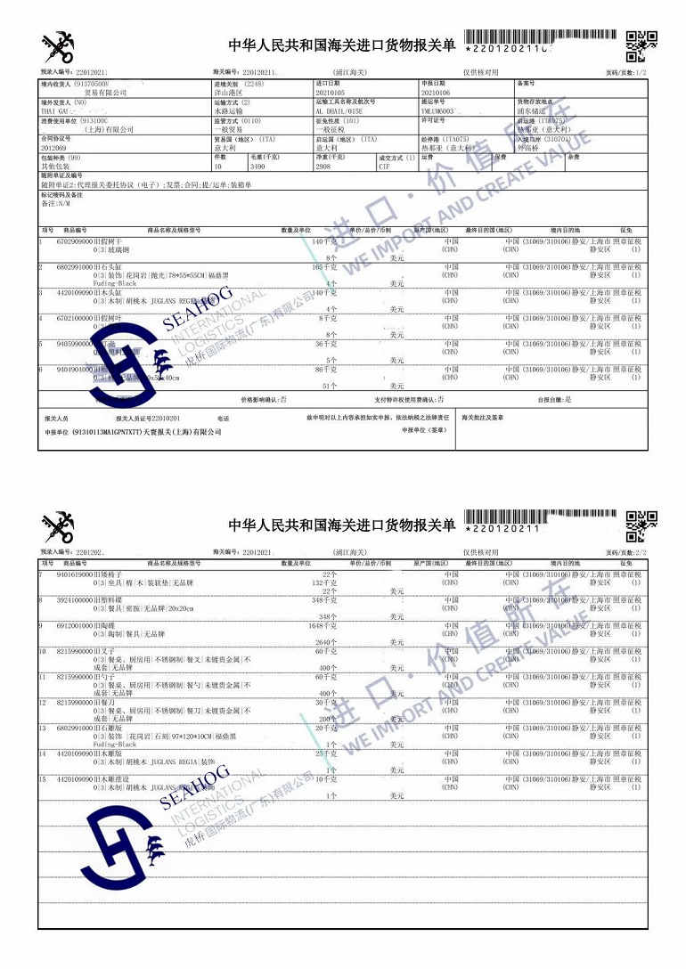 China customs declaration sheet for used furniture from Italy